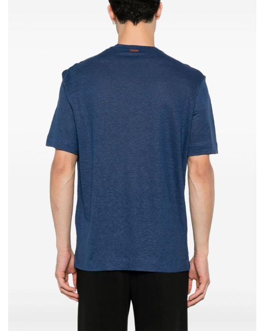 Zegna Blue Tonal Stitching Linen T-shirt for men
