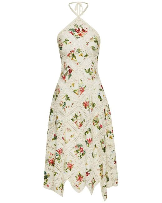 Oscar de la Renta White Flora & Fauna-print Cotton Midi Dress