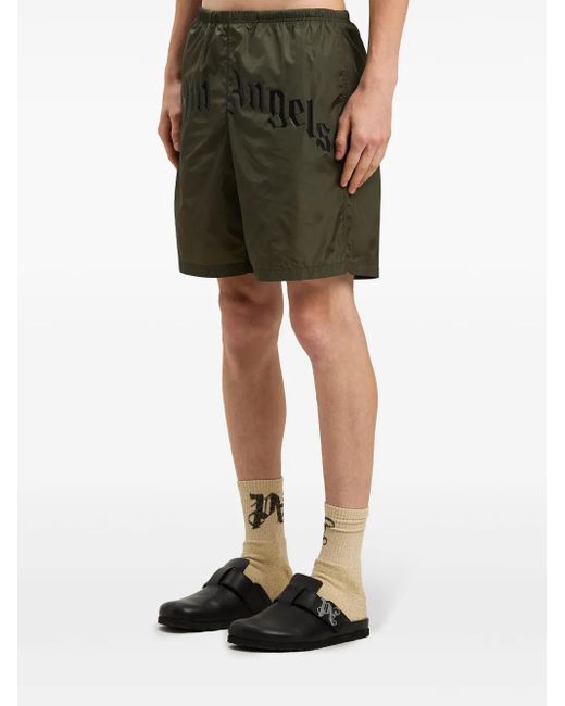 Palm Angels Green Curved-Logo Swim Shorts for men