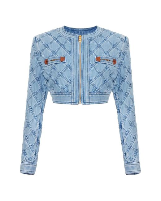 Elisabetta Franchi Blue Diamond Horsebit Denim Cropped Jacket