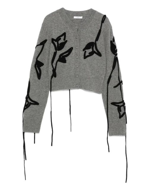 Erdem Gray Floral-Embroidered Tie-Detail Cardigan