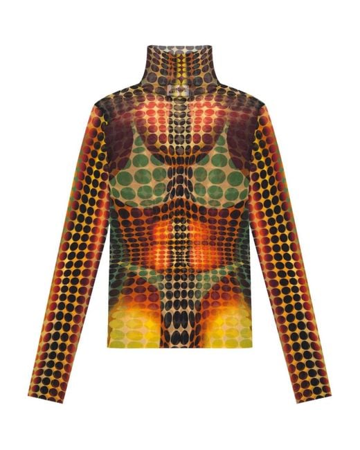 Jean Paul Gaultier Orange Long-Sleeve Dots Mesh Top