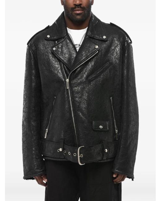 Off-White c/o Virgil Abloh Black Shearling Biker Jacket Craq With Vintage Effect for men