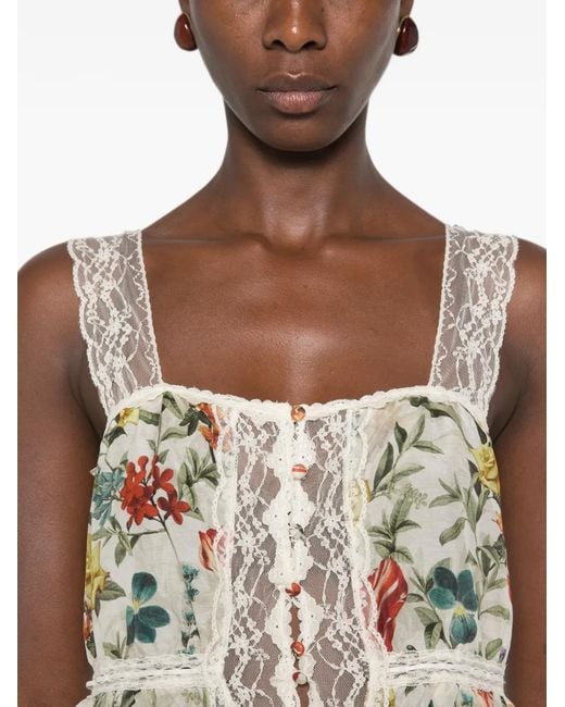 Alice + Olivia White Floral-Print Lace-Trim Blouse