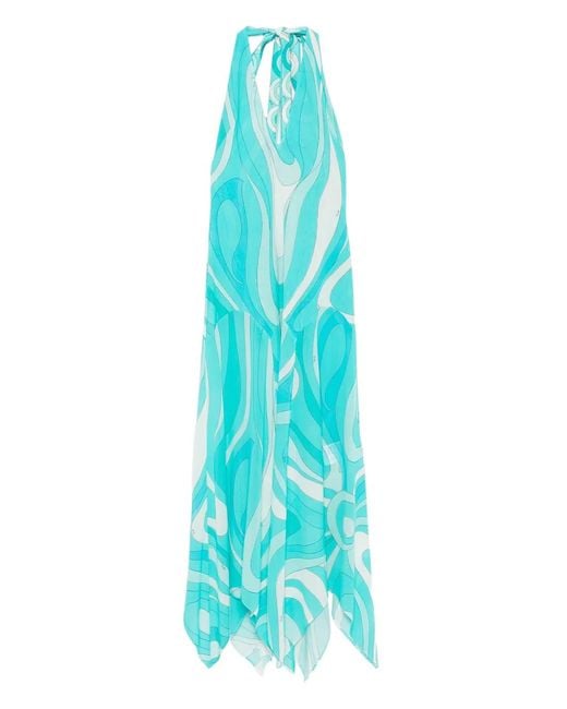 Emilio Pucci Blue Marmo-Print V-Neck Asymmetric Dress