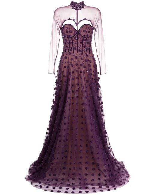 Saiid Kobeisy Purple Polka Dot Beaded Tulle Gown