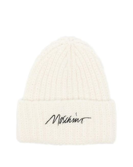 Moschino White Logo-Embroidered Ribbed Beanie Hat