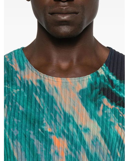 Homme Plissé Issey Miyake Men's Green Agate-Print Pleated T-Shirt