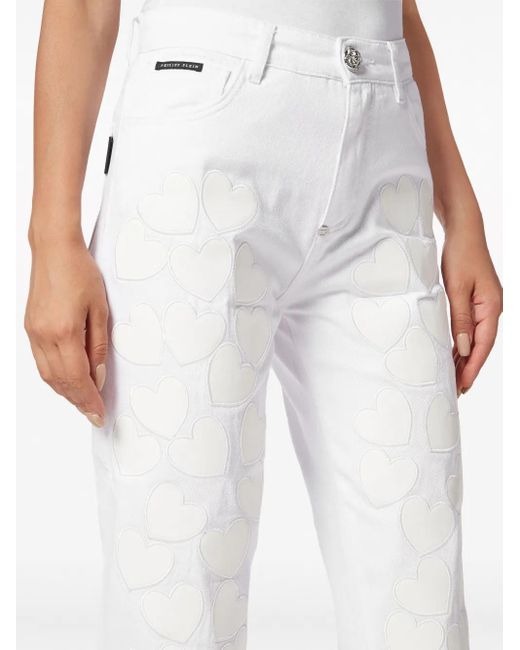 Philipp Plein White Heart-Patches Cropped Jeans