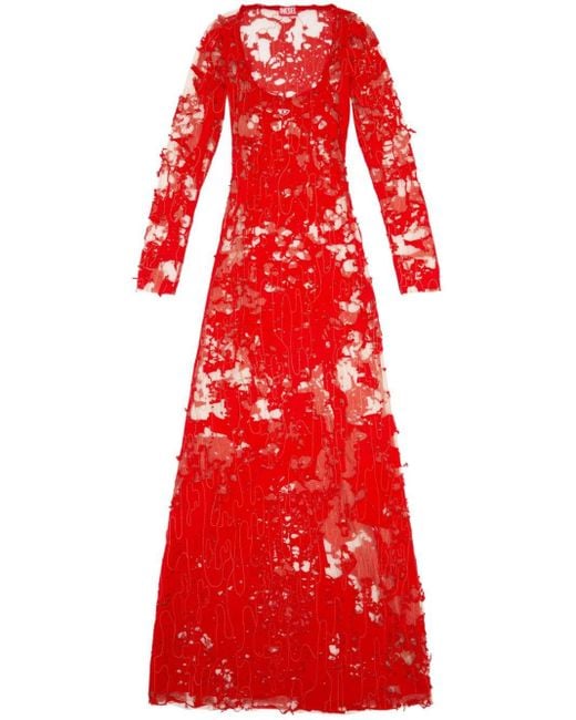 DIESEL Red Long Devoré Dress In Tulle And Jersey