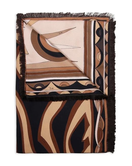 Emilio Pucci Brown Fringed Abstract-Pattern Scarf