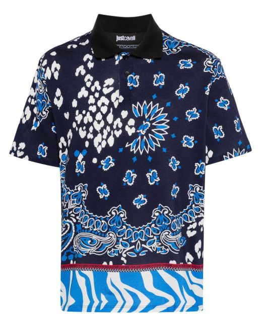 Just Cavalli Blue Bandana-print Cotton Polo Shirt for men