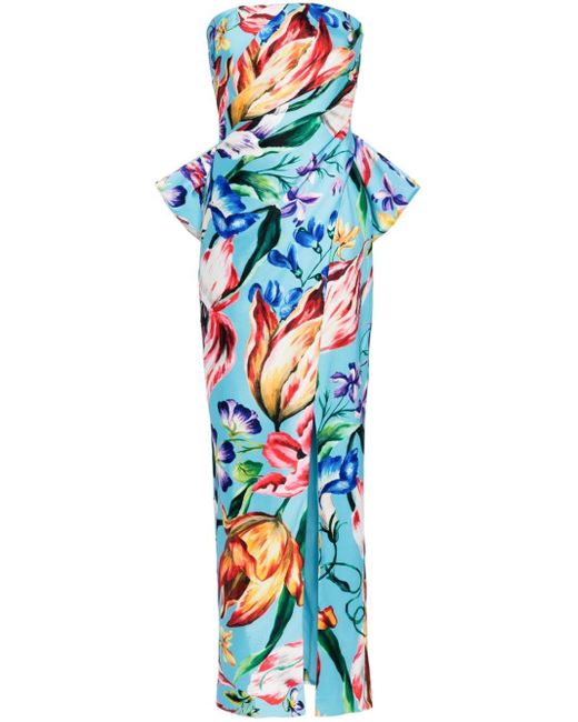 Marchesa Blue Mikado Floral-print Strapless Gown