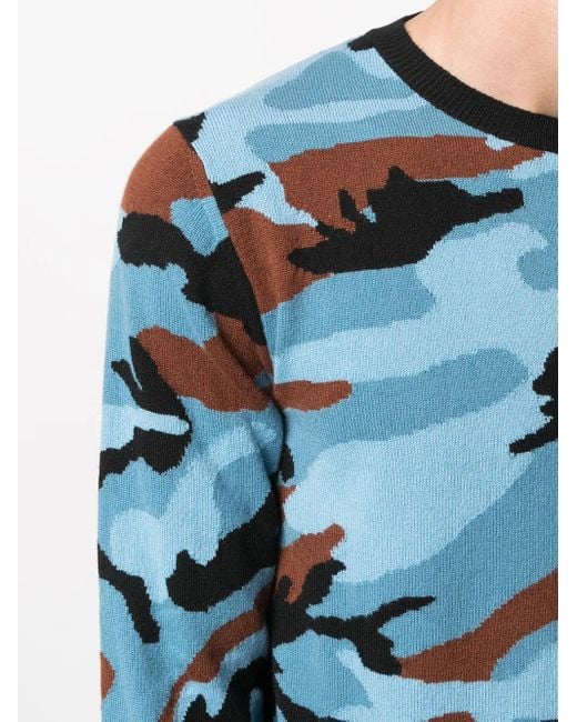 Valentino Garavani Blue Intarsia-Knit Camouflage Cashmere Jumper for men