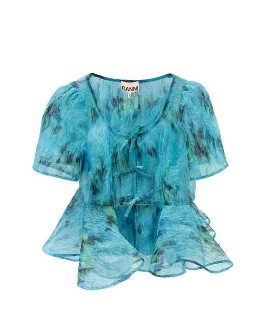 Ganni Blue Printed Peplum Blouse