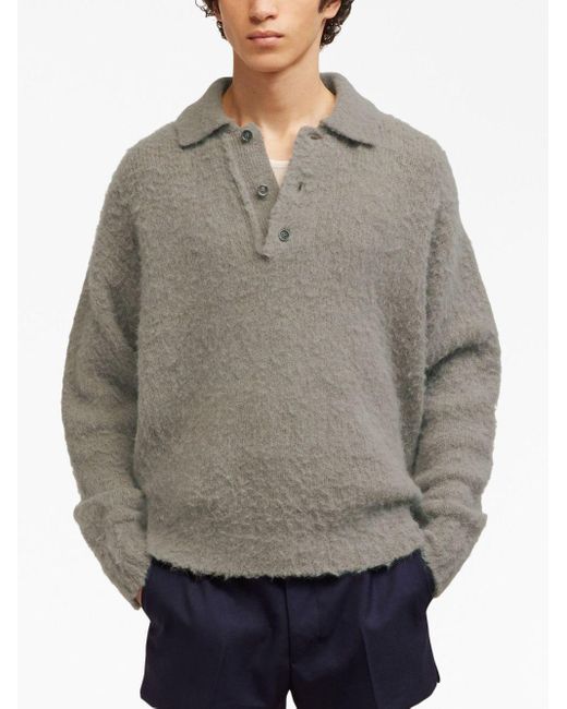 AMI Gray Knitted Polo Shirt for men