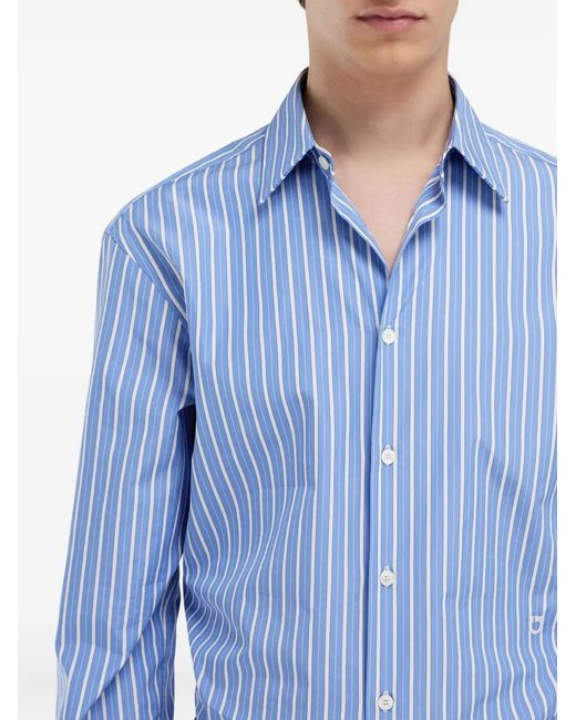 Ferragamo Blue Striped Button Poplin Shirt for men