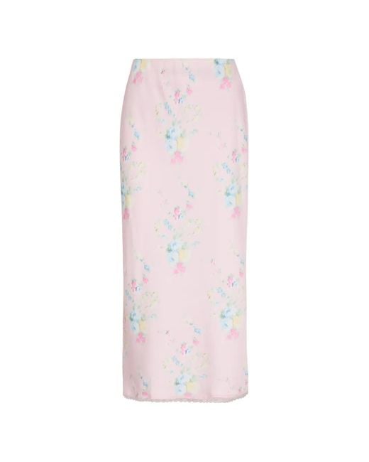 LoveShackFancy Pink Kalo Floral-Print Lace-Trim Midi Skirt