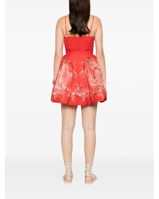 Zimmermann Red Rebellion Lace-up Floral Mini Dress