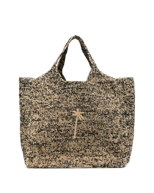 Manebí Metallic Palm Tree-Embroidered Raffia Tote Bag