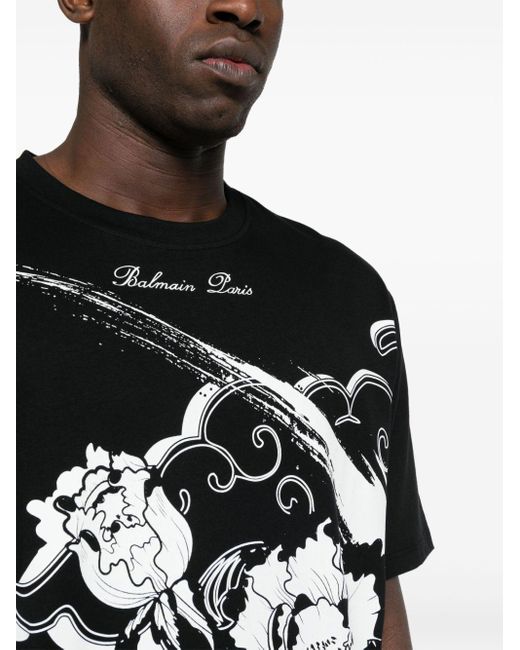 Camiseta con estampado Flower Balmain de hombre de color Black