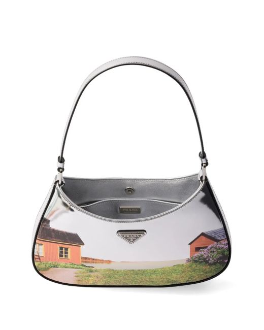 Prada Black Cleo Schultertasche Aus Gebürstetem Leder Mit Print
