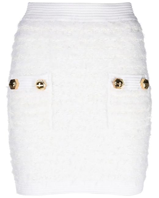 Balmain White Fitted Tweed Mini Skirt