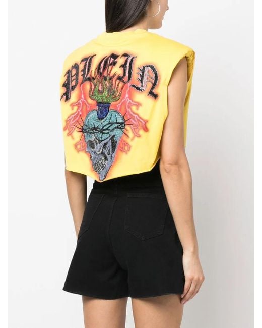 Philipp Plein Yellow Love Tattoo Cropped T-Shirt
