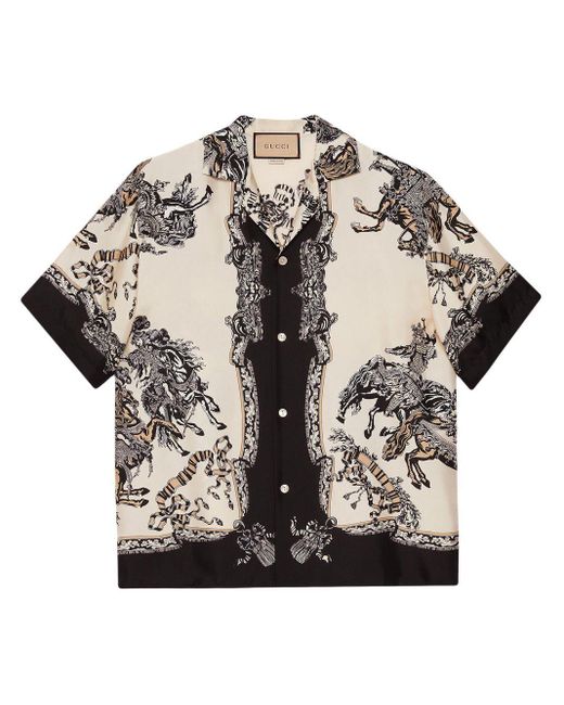 Gucci Gray Baroque-print Silk Bowling Shirt for men