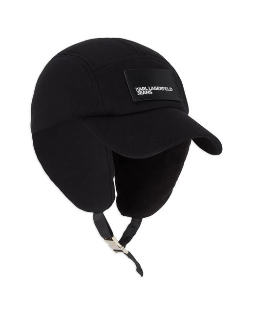Karl Lagerfeld Black Ear-Flap Logo-Patch Hat for men