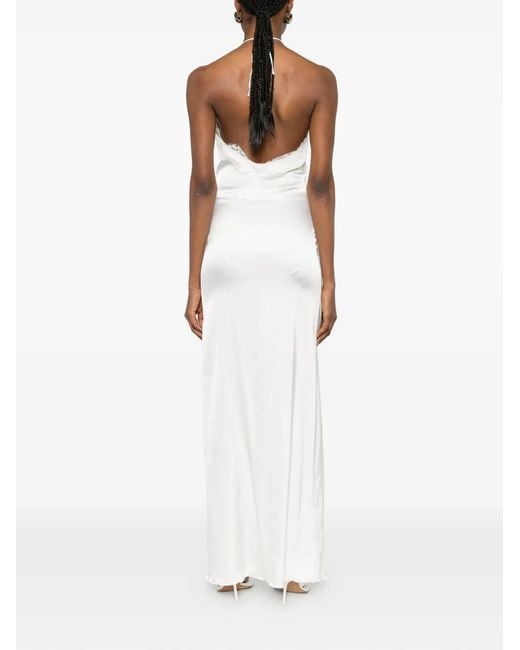Oseree White Lace-Trim Halterneck Dress