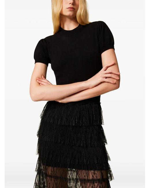 Twinset Black Long Plumetis Lace Knit Dress