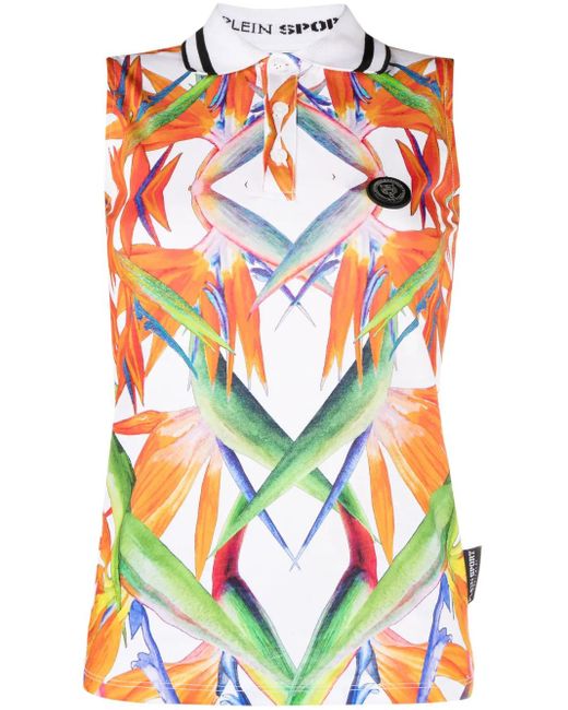 Philipp Plein White Floral-Print Sleeveless Cotton Polo Top