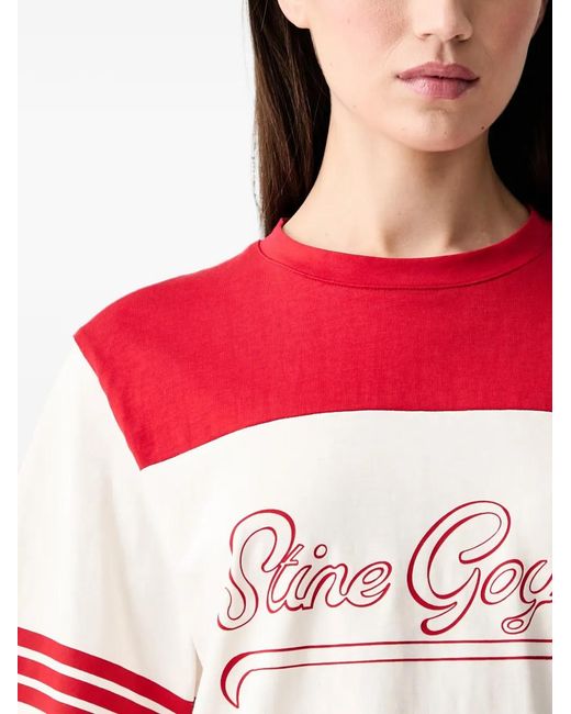 Stine Goya Red Logo-Print Striped-Sleeve T-Shirt