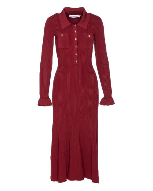 Self-Portrait Red Burgundy Ribbed Knit Midi Dress With Ruffled Cuffs