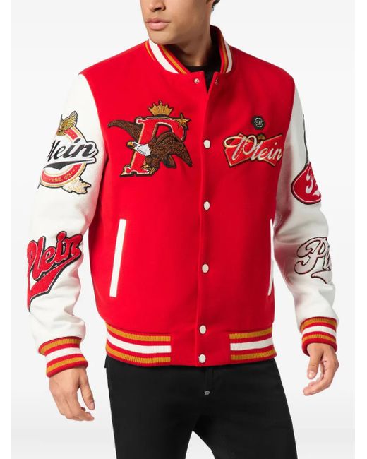 Philipp Plein Red Patch Varsity Bomber Jacket for men