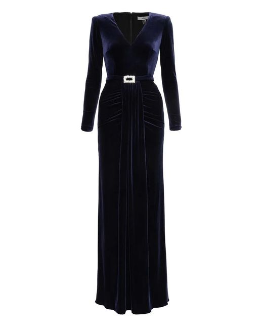 Nissa Blue Crystal-Bucket Velvet Maxi Dress