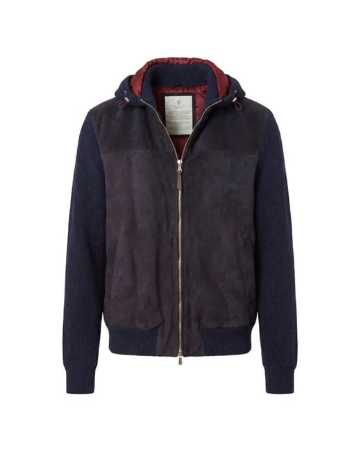 Brunello Cucinelli Blue Suede-Panelled Hooded Jacket for men