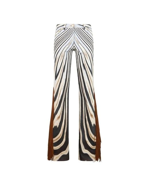 Roberto Cavalli White Fringe-Trim Zebra-Print Trousers