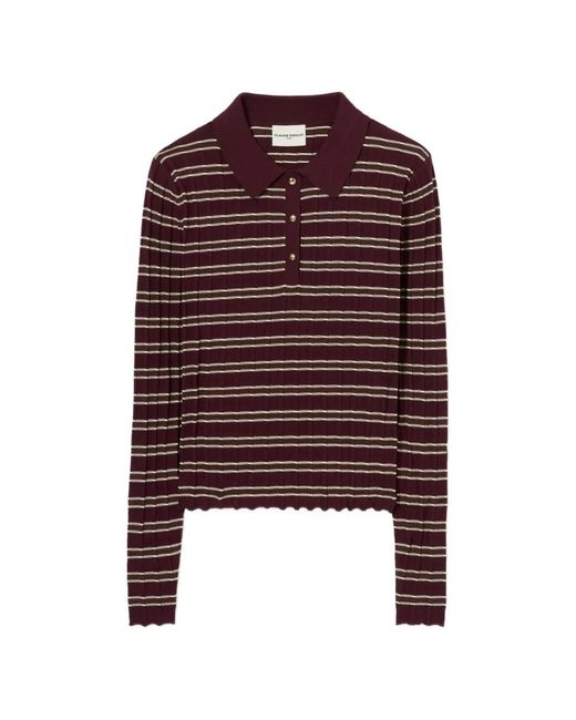 Claudie Pierlot Purple Striped Ribbed-Knit Polo Top