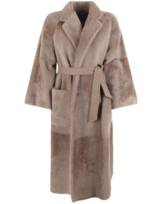 Manteau en peau lainée à taille ceinturé Max Mara en coloris Brown