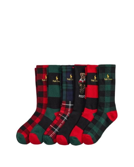 Polo Ralph Lauren Red Polo Bear Check-Pattern Cotton Socks (Set Of Six) for men