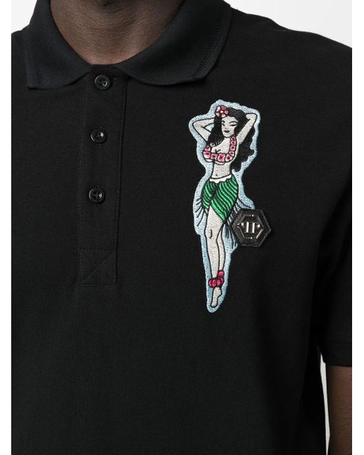 Philipp Plein Black Logo-Patch Polo Shirt for men