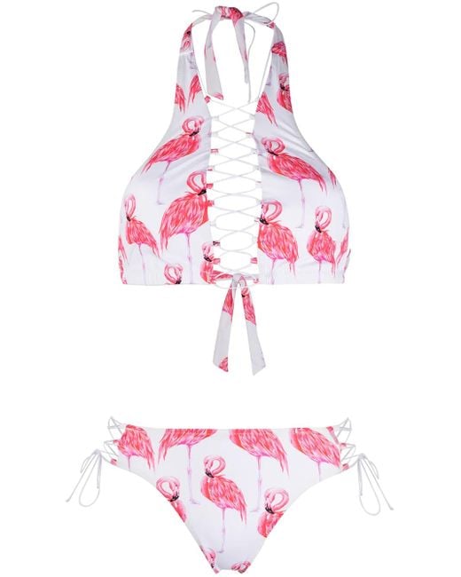 Noire Swimwear Pink Addicted Flamingo Lace-Up Bikini