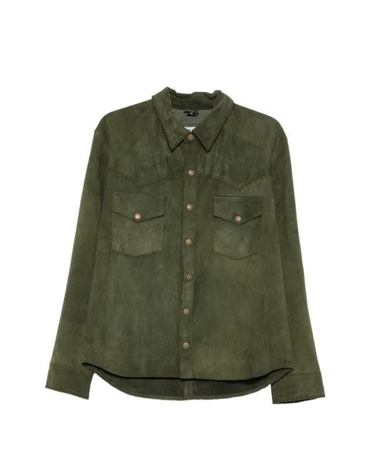 Antik Denim Green Whipstitch-Trim Button-Up Shirt for men