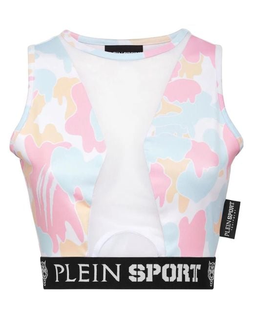 Philipp Plein White Camouflage-Print Panelled Cropped Top