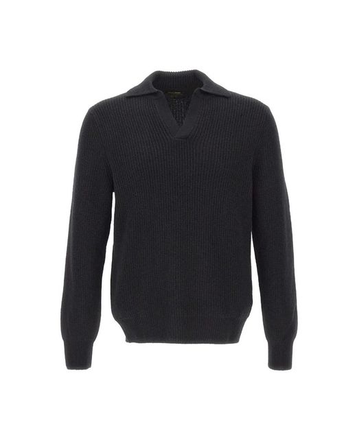 Gran Sasso Blue Ribbed-Knit Open-Collar Polo Shirt for men
