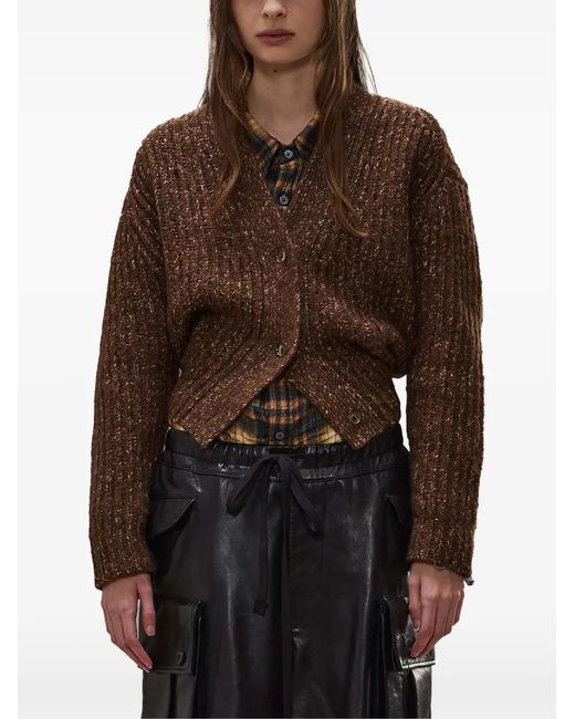 R13 Brown Ribbed-Knit V-Neck Cardigan