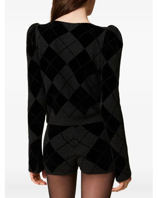 Twinset Black Puff-Sleeve Diamond-Pattern Jumper