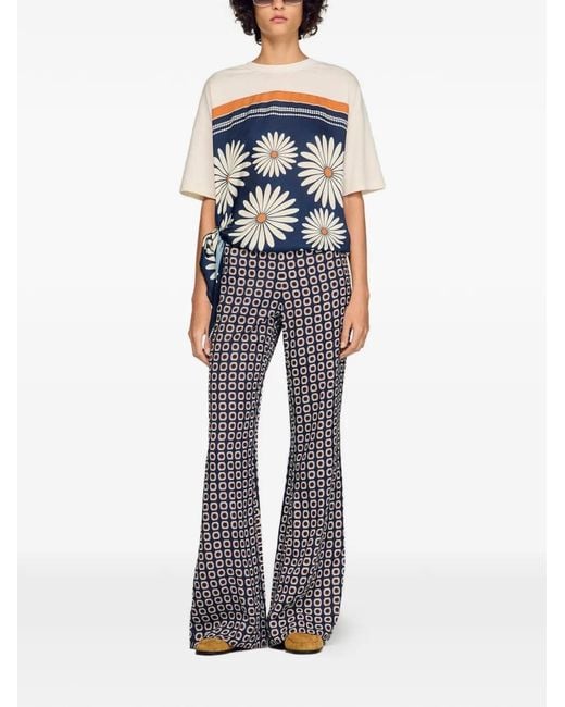 Sandro White Floral-Print Flowy Trousers